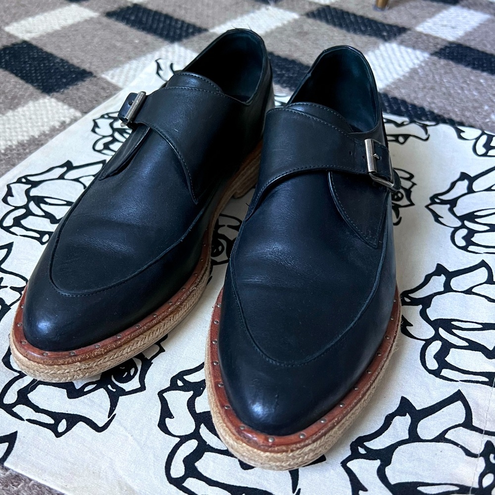 Freda Salvador Black Leather Monk Strap Espadrille Loafers